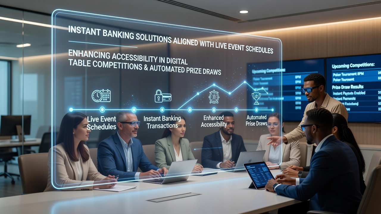 Digital interface showing synchronized banking tools aligned with upcoming live table competition schedules