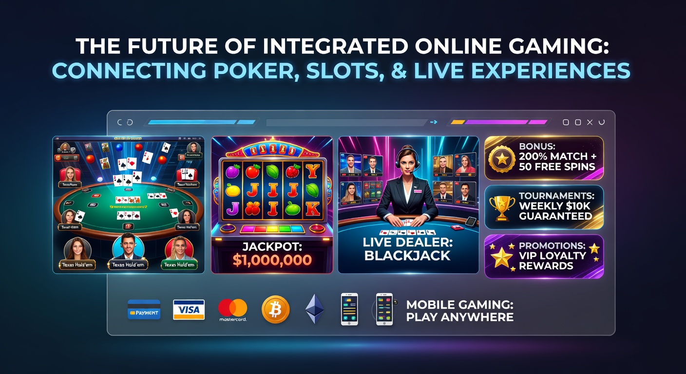 Vibrant online casino interface showing mobile payments unlocking live poker tournament bonuses and glowing slot jackpots