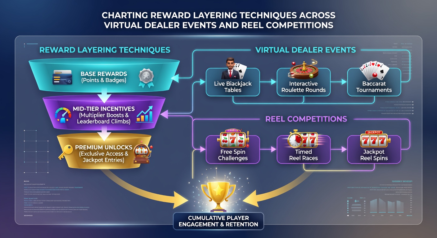 Screenshot of a layered reward dashboard showing points flowing from virtual dealer tables into reel competition brackets