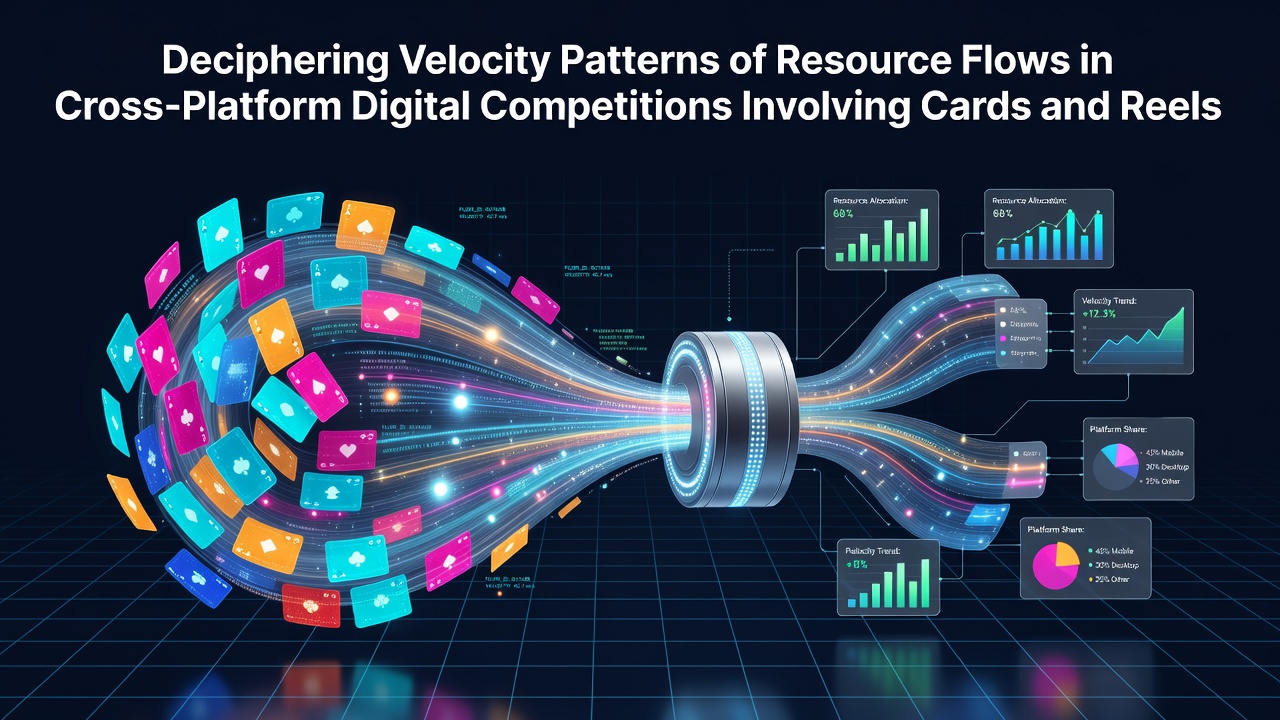 Visualization of resource flow velocity patterns across digital gaming platforms with cards and reels