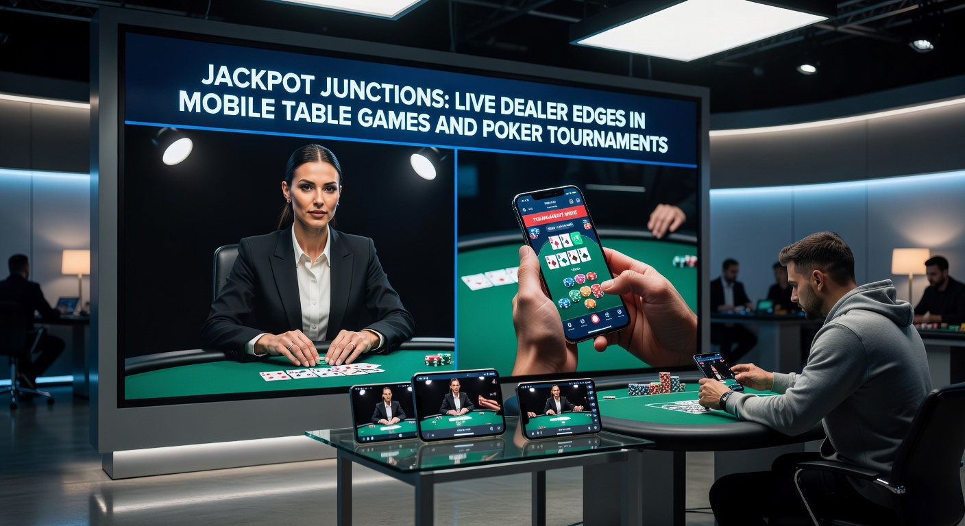 Live dealer at a mobile blackjack table with jackpot meters ticking up in the background, capturing the thrill of real-time play on smartphones