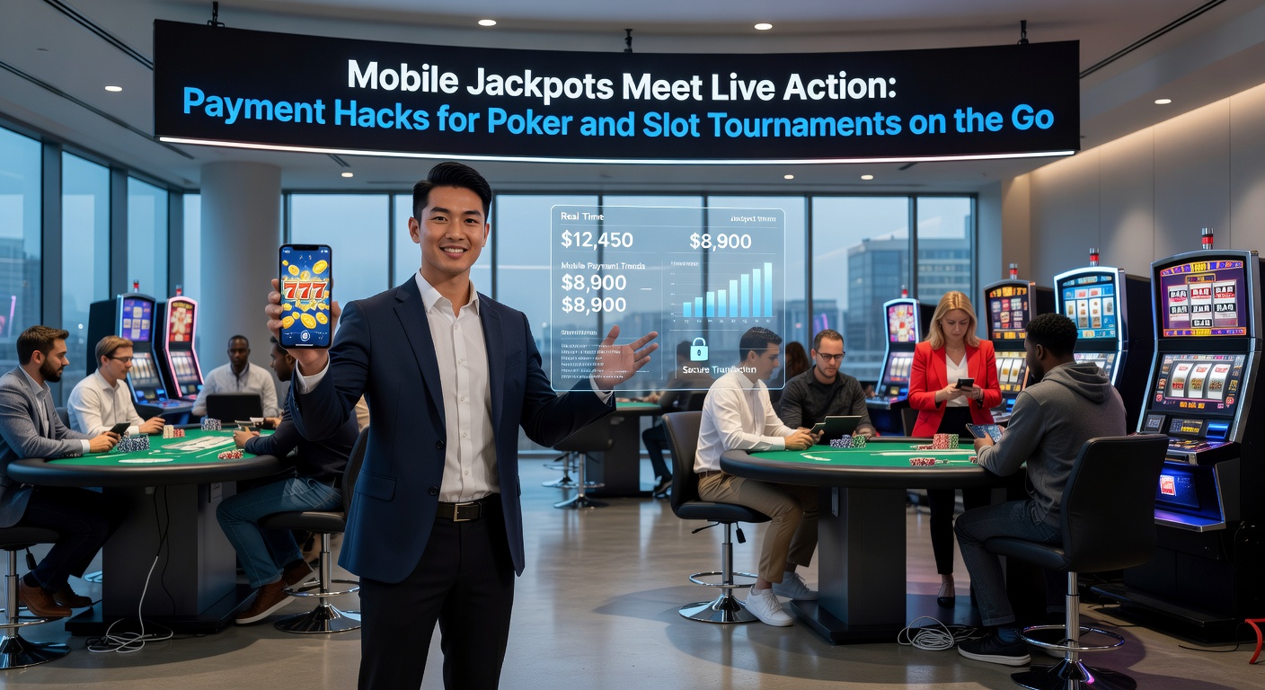 Close-up of hands holding a phone with e-wallet apps open next to poker chips and slot reels on screen, illustrating quick payment integration during a tournament