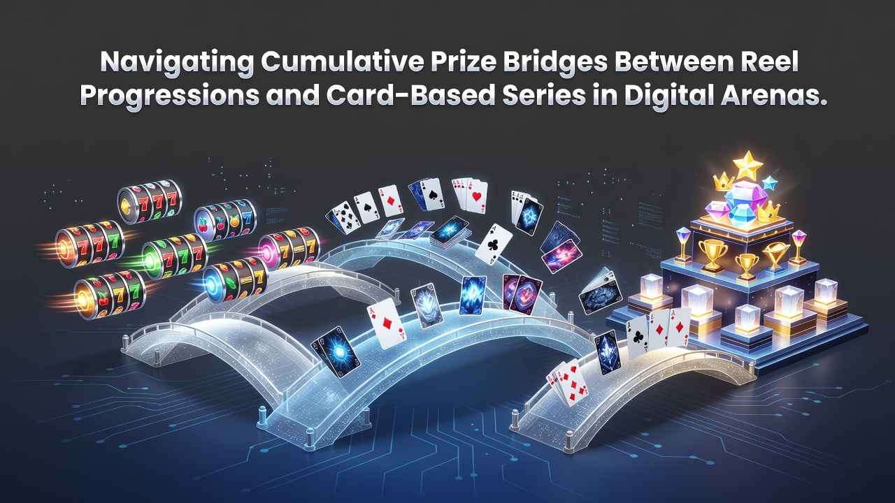 Digital interface showing interconnected reel progressions and card game series with cumulative prize indicators