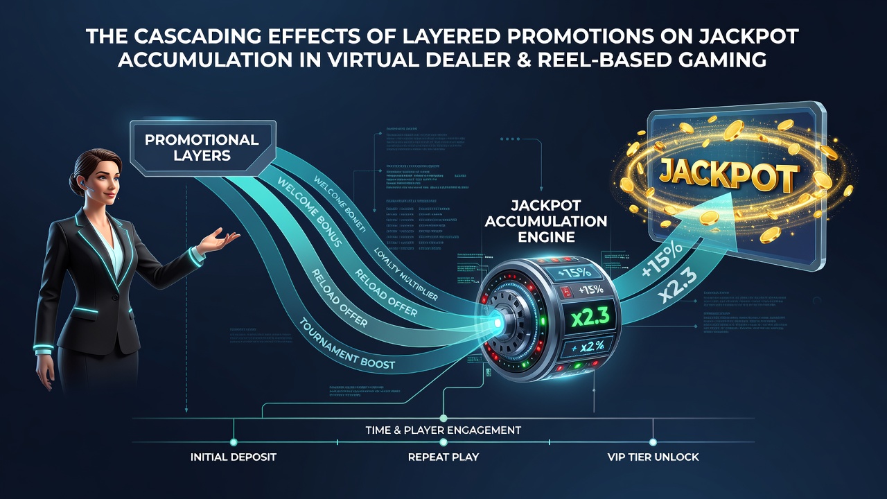 Progressive jackpot meters rising through stacked casino promotions in slot and live dealer events