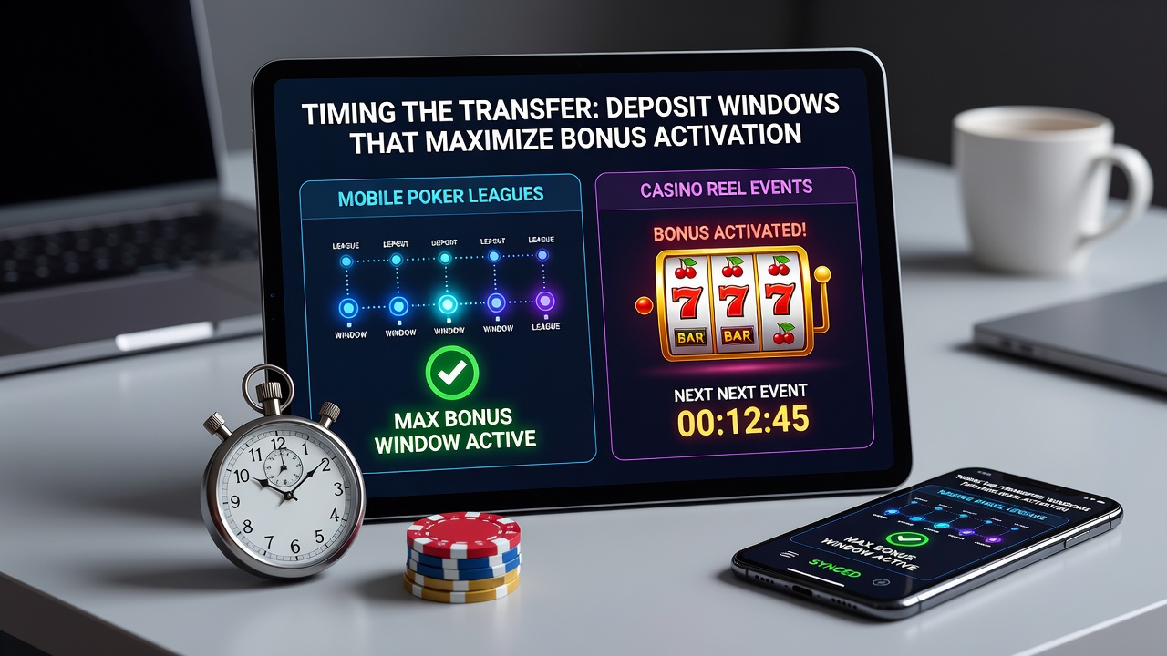 Mobile poker players timing deposits during peak bonus windows on smartphone screens with casino reel events in background