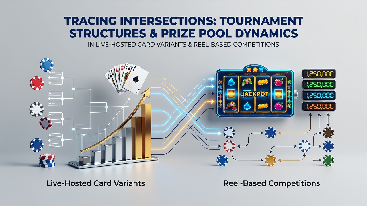 Live poker tournament table with structured seating and visible prize pool indicators alongside reel-based competition displays