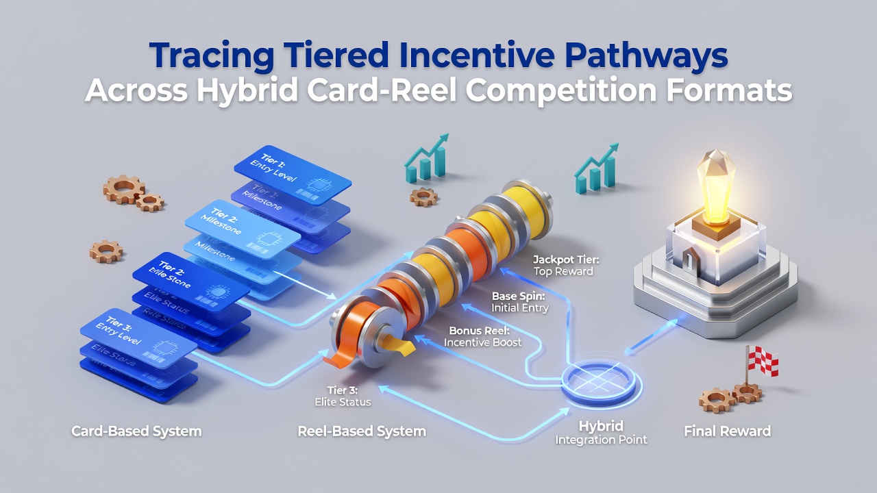 Diagram showing tiered incentive pathways connecting card games and reel competitions in hybrid formats